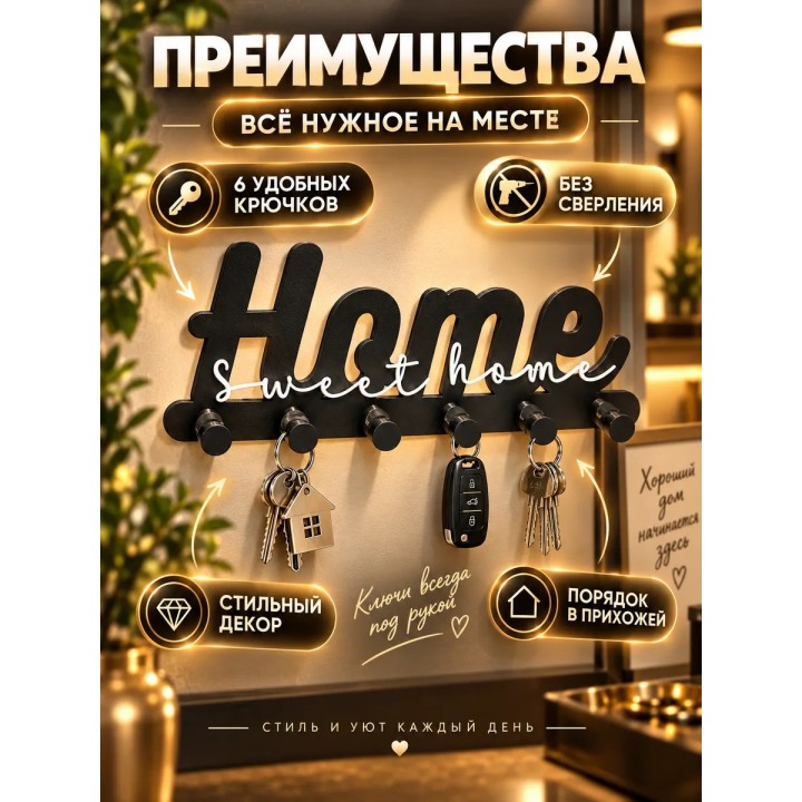 Купить Ключница настенная в прихожую без сверления home sweet home ASDAMATOYS